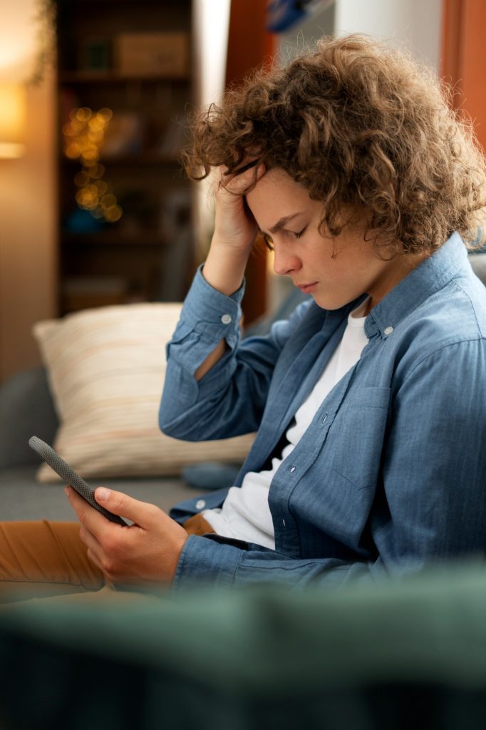 Persona comparando síntomas de un teléfono móvil con una evaluación psicológica profesional – Psytel Psicólogos Especialistas